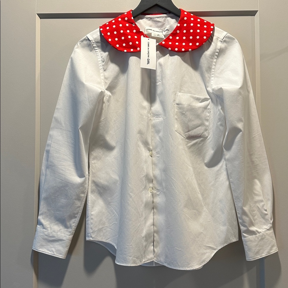 Comme Des Garçons Girl White Button-Down with Red Polka Dot Collar Wms Mm (New) - Picture 3 of 4